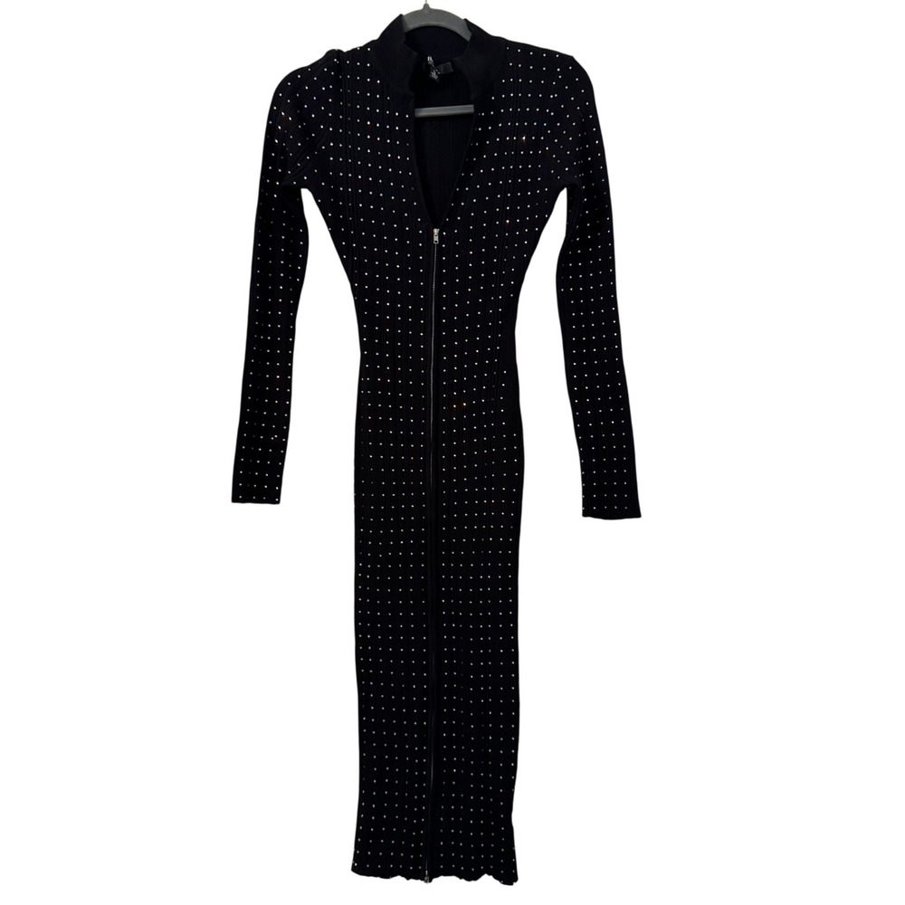 Hera Collection Black Studded Long Sleeve Zip Front Midi Dress L Edgy‎ Club Wear - Picture 2 of 6